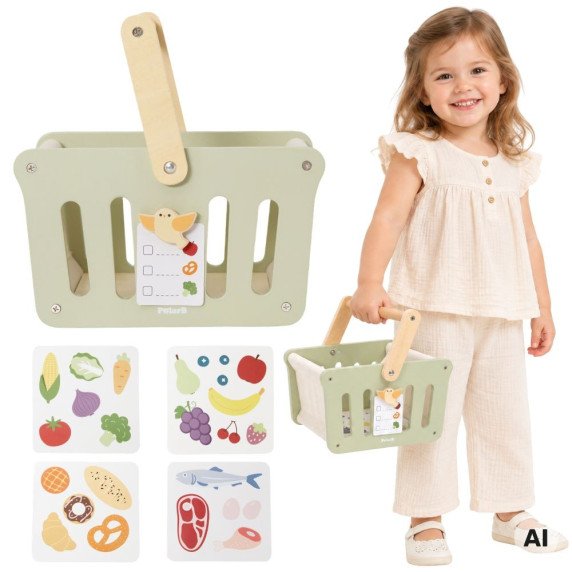 VIGA „PolarB“ medinis pirkinių krepšelis vaikams parduotuvėje, parduotuvės kortelėms, 18 m +