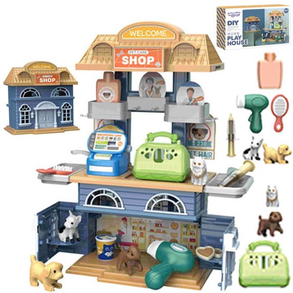 WOOPIE 2-in-1 namelis - gyvūnų parduotuvė + grožio salonas veterinaras 33 vnt.