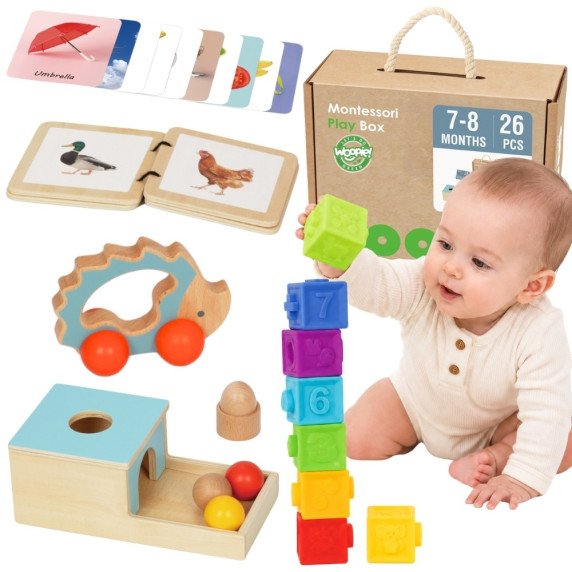 WOOPIE ŽALIA Dėžė XXL Montessori švietimo 6-ių-1 Sąranka 7-8 Mėnesiai 26 dalių FSC