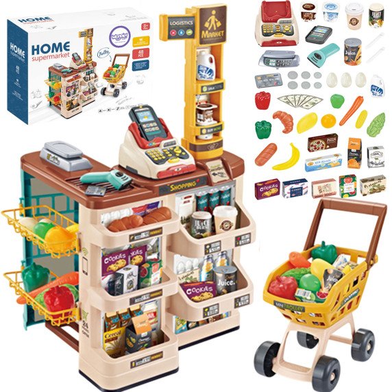 WOOPIE super marketas su vežimu, svarstyklėmis, kasos aparatu, skaneriu ir 48 priedų.