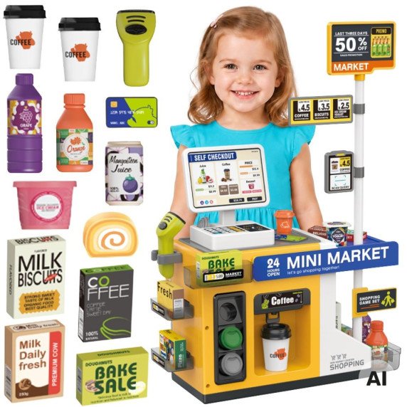 WOOPIE Mini Market Interaktyvus Kasa Skeneris Priedai Garsai Šviesa