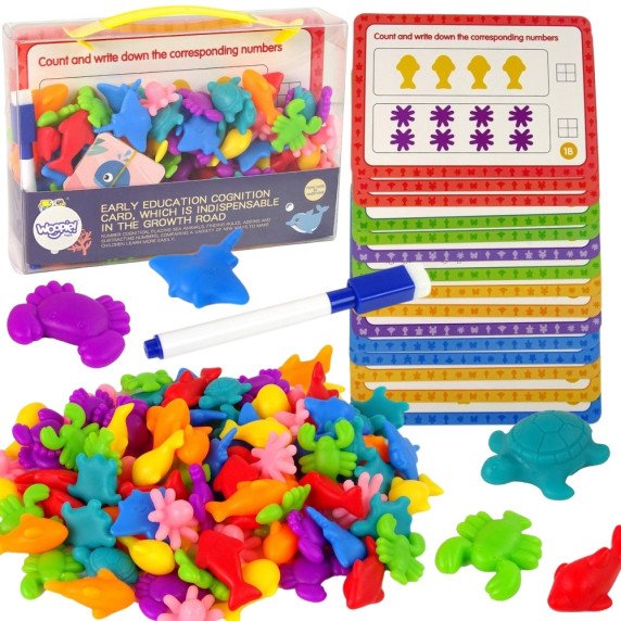 WOOPIE Montessori edukacinis rinkinys skaičiuoti mokymosi spalvų rūšiavimo jūroje ir žemėje 111 vnt.