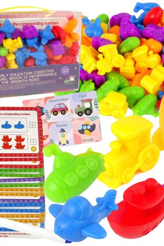 WOOPIE Montessori mokomasis rinkinys skaičiuoti, rūšiuoti spalvas, transporto priemonės 83 vnt.