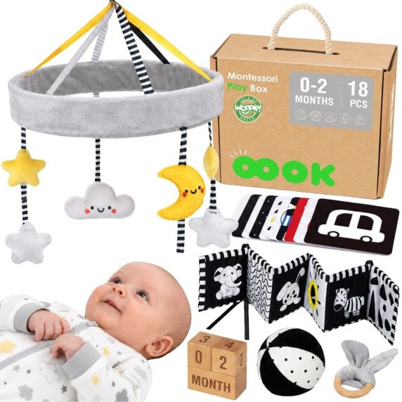 WOOPIE GREEN dėžė XXL Montessori edukacinė 7in1 jutimo dėžė 0-2 mėnesiai 18 vnt. FSC