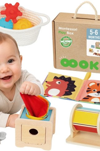 WOOPIE GREEN dėžė XXL Montessori švietimo 6-in-1 pojūčių dėžė 5-6 mėnesiai 13 vnt. FSC
