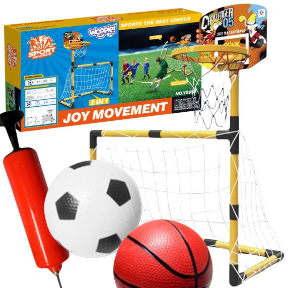 WOOPIE 2-in-1 Krepšinio rinkinys: Futbolo vartai + kamuoliai ir pompa