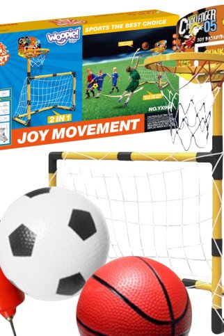 WOOPIE 2-in-1 Krepšinio rinkinys: Futbolo vartai + kamuoliai ir pompa