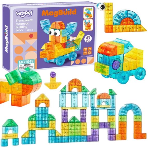 WOOPIE Skaidrūs magnetiniai statybiniai blokai, 43 vnt.
