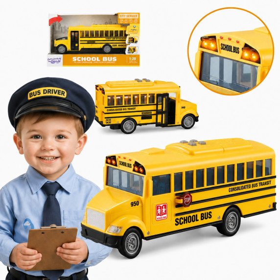 WOOPIE interaktyvus elektrinis mokyklinis autobusas 1:20 su šviesa ir garsu, dovana