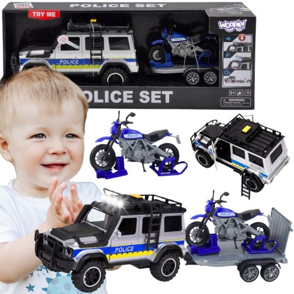 WOOPIE policijos tereninis automobilis su motociklo priekaba rinkinys