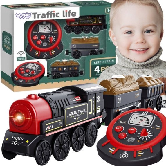 WOOPIE Elektrinis lokomotyvas Nuotolinio valdymo Retro traukinio vagonai 4 vnt.