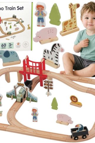 WOOPIE GREEN Medinis Zoologijos Traukinukų Rinkinys XL Magnetinga Traukinio Kelio Sistema 60 vnt FSC