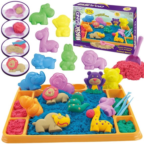 WOOPIE Kinetic Sand 1.2 kg XL ZOO stalas su formomis rinkinys