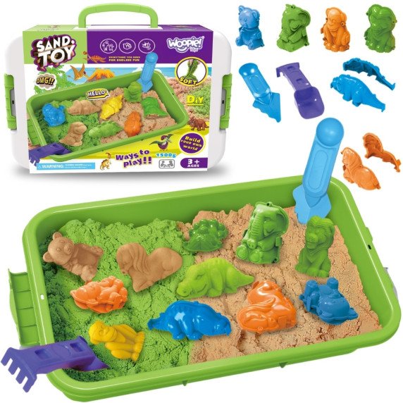 WOOPIE Kinetic Sand 1,5 kg rinkinys XXL Gyvūnai ZOO Safari stalas su formomis