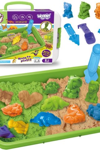 WOOPIE Kinetic Sand 1,5 kg rinkinys XXL Gyvūnai ZOO Safari stalas su formomis WOOPIE Kinetic Sand 1,5 kg rinkinys XXL Gyvūnai ZOO Safari stalas su formomis