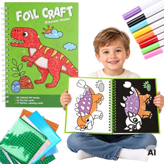WOOPIE Meno Rinkinys Folija Koliažo Spalvinimo Knyga Dinosauras 121 vnt.