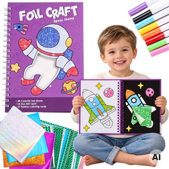 WOOPIE menas Rinkinys Foil Collage Spalvinimo knyga Kosmonautas 121 vnt.