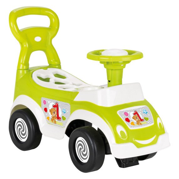 WOOPIE 4-in-1 važiuoklė su rūšiavimo dėžute, stūmikliu, vaikščiojimo pagalve ir ragu, kur yra vietos saugojimui.
