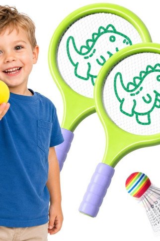 WOOPIE Badminton Teniso Raketės su putų kamuoliu ir dinozauručiu federu WOOPIE Badminton Teniso Raketės su putų kamuoliu ir dinozauručiu federu