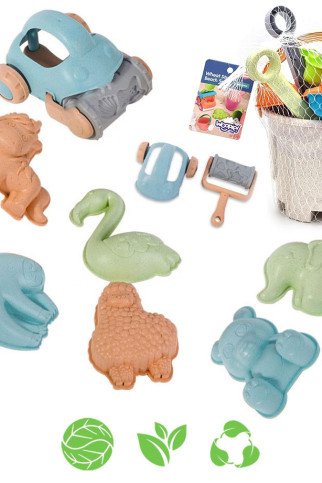 WOOPIE GREEN Smėlio žaidimų rinkinys su kibiru ir mašina, 10 vnt. BIODEGRADUOTINIS ORGANINIS MEDŽIAGAS