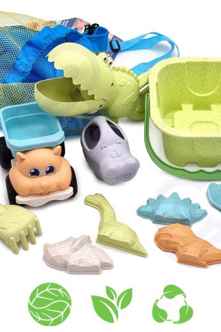 Žalioji WOOPIE Smėlio rinkinys su kibiru ir kastuvu Kroko kuoliuku kuprineje, 10 dalių. BIOLOGIŠKAI SKALINGAS MATERIALIZUOTAS