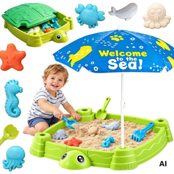 WOOPIE 2-in-1 Smėlio dėžė žaliame nykštuku su spalvingu skėčiu