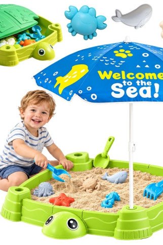 WOOPIE 2-in-1 Smėlio dėžė žaliame nykštuku su spalvingu skėčiu WOOPIE 2-in-1 Smėlio dėžė žaliame nykštuku su spalvingu skėčiu