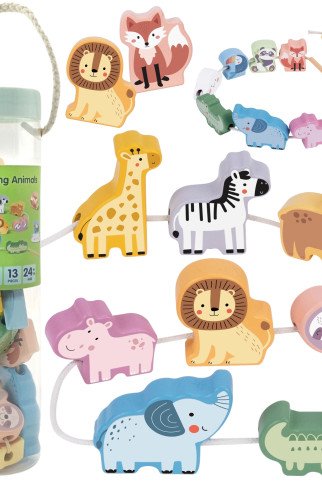 Mediniai sukimų blokai „WOOPIE GREEN“ su gijimo žiedais, susipynusiais ZOO Montessori, 13 vnt.