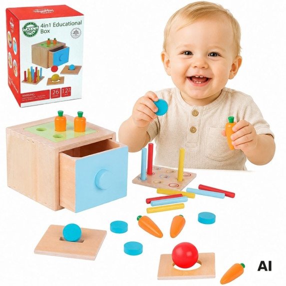 WOOPIE GREEN Medinis mokomasis stalčius 4-in-1 Montessori rūšiavimo morkų žaidimas FSC