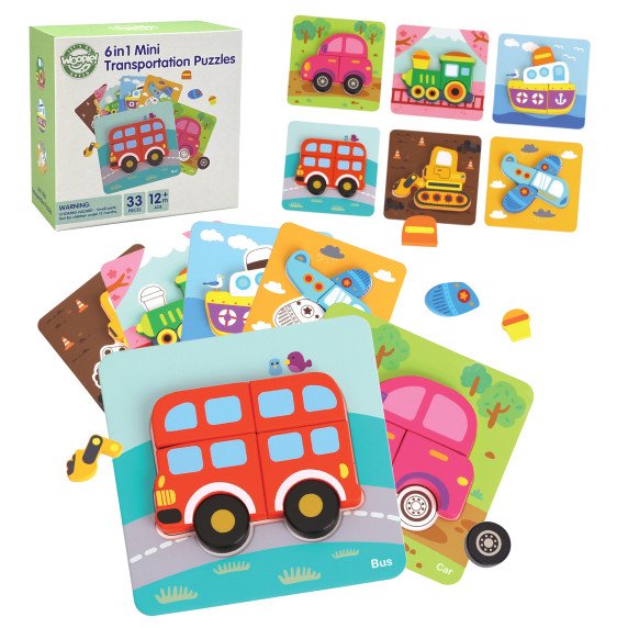 WOOPIE GREEN Mediniai puzzle transporto priemonės Montessori FSC