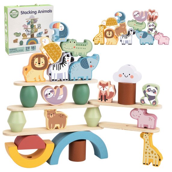 WOOPIE GREEN Balansuojantys mediniai gyvūnai stambinami puzzle FSC