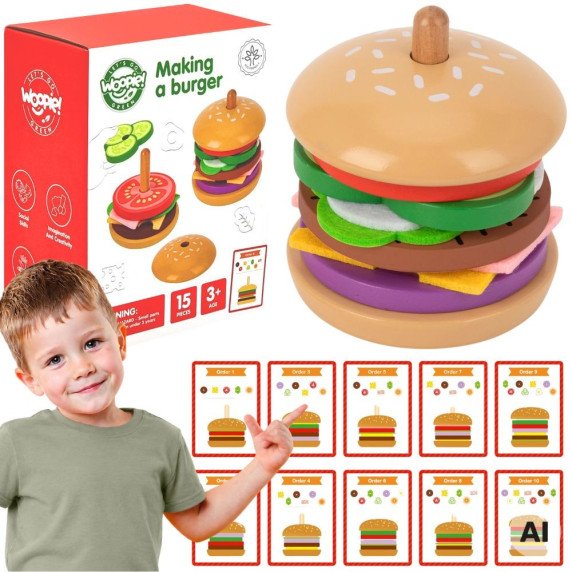 WOOPIE GREEN Medinis Burgerių Restorano Puzzle Vaikams 15 Dalys FSC Sertifikuotas