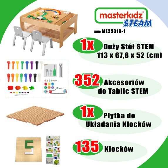 MASTERKIDZ Medinis edukacinis stalas + STEM SIENOS AKSESUARAI + 135 Blokai