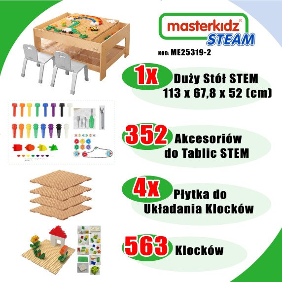 MASTERKIDZ Medinis mokomasis stalas + STEM SIENOS PAPUOŠALAI + 563 Blokai