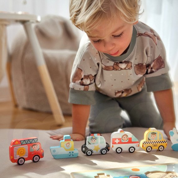 TOOKY TOY Mediniai Montessori galvosūkiai Transporto priemonės Automobiliai Lėktuvas Laivas Miestas Atitikimas Formos