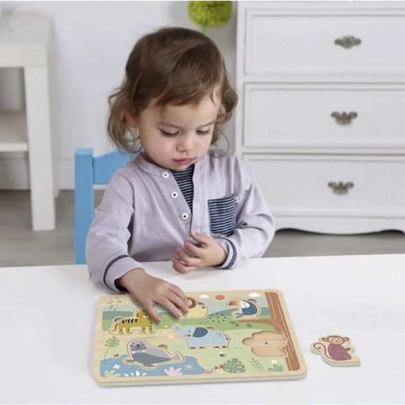 TOOKY TOY Medinis galvosūkis Montessori interaktyvus garsinis galvosūkis Laimingieji gyvūnai savanoje