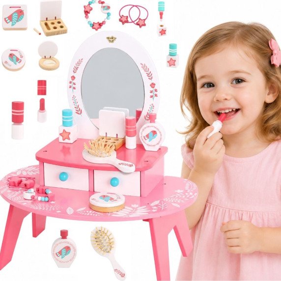 TOOKY TOY Rožinis medinis makiažo staliukas su veidrodžiu