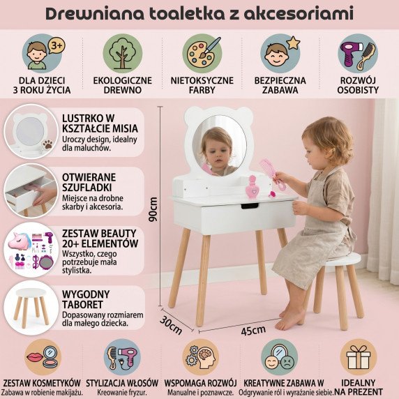 VIGA Baltas Makiažo Staliukas + Salonų Stiliaus Aksesuarų Rinkinys