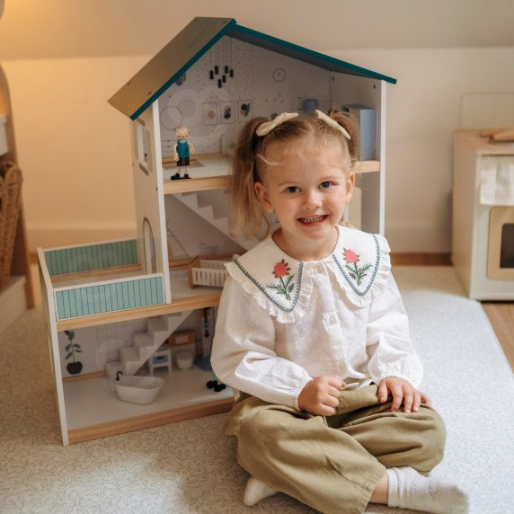 TOOKY TOY Didelis medinis lėlių namas + FSC figūrėlės