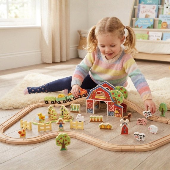 TOOKY TOY Medinė ūkininkavimo traukinio rinkinys 48 vnt.