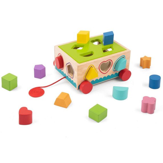 TOOKY TOY Medinis rūšiavimo vežimėlis su blokais 16 vnt.