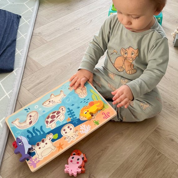 TOOKY TOY medinis Montessori galvosūkis Jūrų pasaulis žuvis Vėrinys želmuo