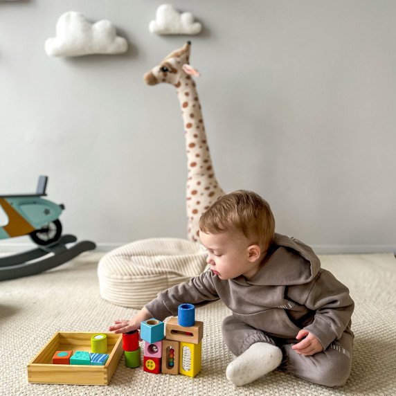 TOOKY TOY Mediniai dėžutės pojūčių blokai Daugiafunkciniai puzzle formos garsas, lietimas 12 vnt.