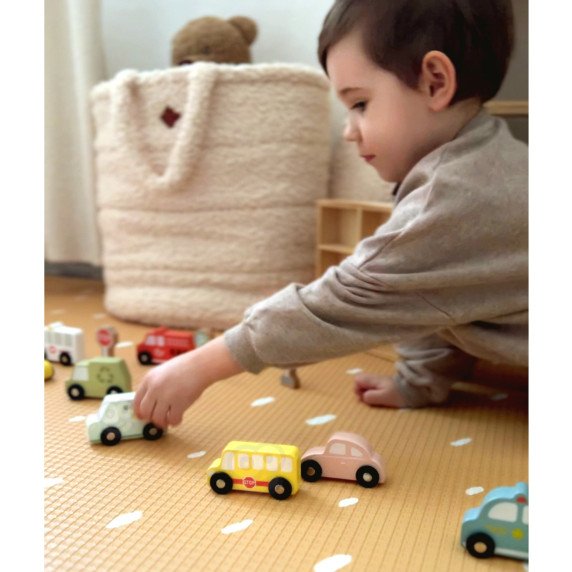 TOOKY TOY rinkinys iš medinių transporto priemonių ir eismo ženklų dėžutėje