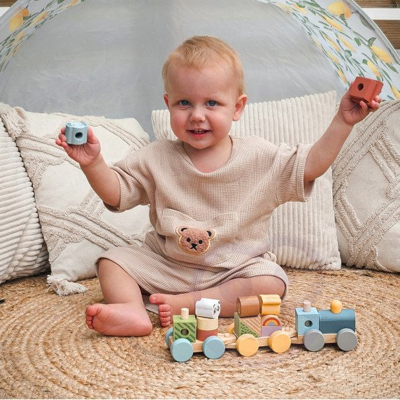 TOOKY TOY Medinis traukinys su gyvūnų blokais Montessori galvosūkiui