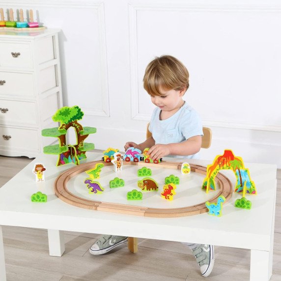 TOOKY TOY Medinis Magnetinis Traukinys Su Dinozaurais + Figūromis