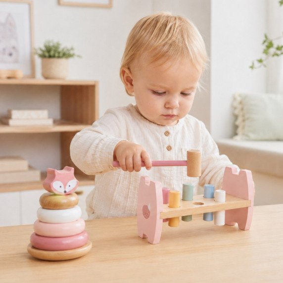 kopija VIGA PolarB medinis piramidės + smūginys su plaktuku rinkinys Montessori lapė
