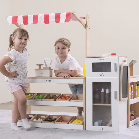 VIGA Medinis Supermarketas Vaikų Parduotuvės Rinkinys su vežimėliu ir Kasa