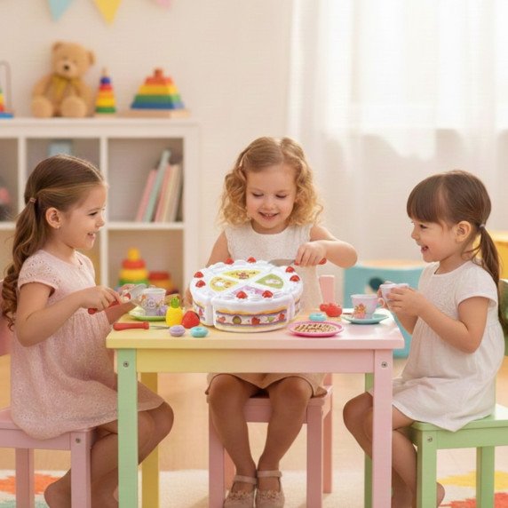 WOOPIE gimtadienio tortas ir supjaustytas vaisiai su saldainiais