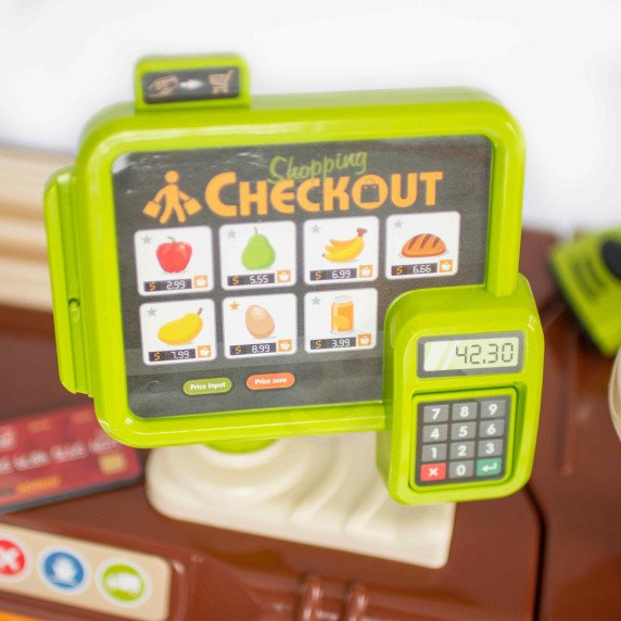 WOOPIE parduotuvės supermarketo vežimėlis pinigų skaičiuoklis Judami elementai + 65 priedų.